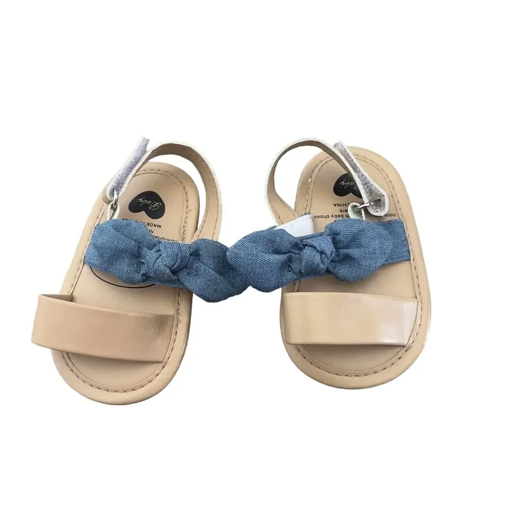 Myggpp Baby Girl 0-6 Months Chambray Bowknot Open-Toe Non-Slip Sandals